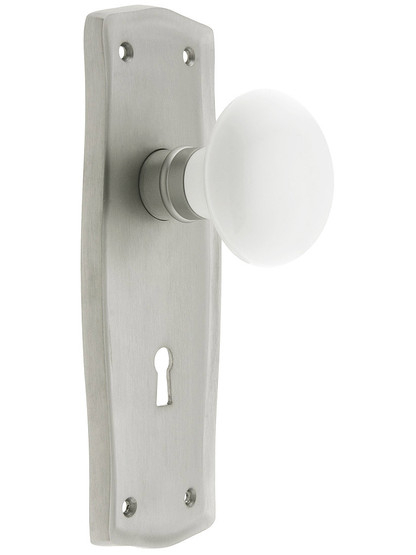 Prairie Style Mortise Lock Set with White Porcelain Door Knobs in Satin Nickel.